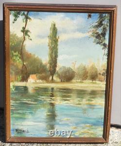 Tableau ancien signé. Bord de Rivière Peinture huile sur panneau D'isorel