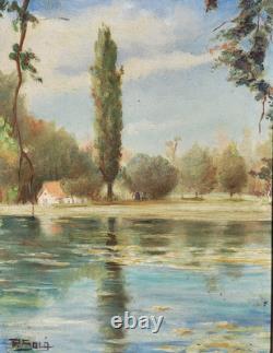 Tableau ancien signé. Bord de Rivière Peinture huile sur panneau D'isorel