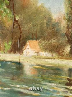 Tableau ancien signé. Bord de Rivière Peinture huile sur panneau D'isorel