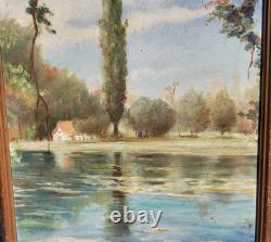 Tableau ancien signé. Bord de Rivière Peinture huile sur panneau D'isorel