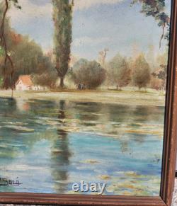 Tableau ancien signé. Bord de Rivière Peinture huile sur panneau D'isorel