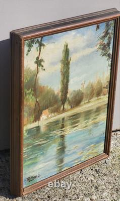 Tableau ancien signé. Bord de Rivière Peinture huile sur panneau D'isorel