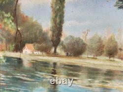 Tableau ancien signé. Bord de Rivière Peinture huile sur panneau D'isorel