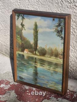 Tableau ancien signé. Bord de Rivière Peinture huile sur panneau D'isorel