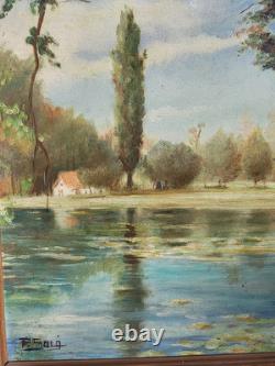 Tableau ancien signé. Bord de Rivière Peinture huile sur panneau D'isorel