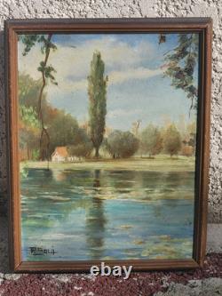Tableau ancien signé. Bord de Rivière Peinture huile sur panneau D'isorel