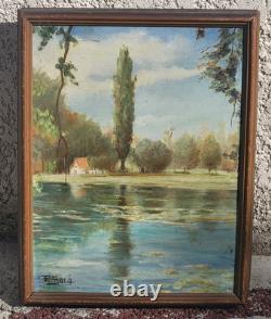 Tableau ancien signé. Bord de Rivière Peinture huile sur panneau D'isorel