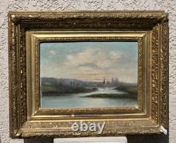 Tableau ancien signé Bord de Rivière Peinture huile sur panneau de bois