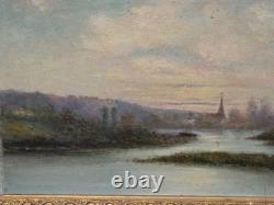 Tableau ancien signé Bord de Rivière Peinture huile sur panneau de bois