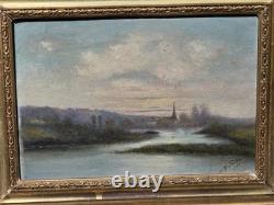 Tableau ancien signé Bord de Rivière Peinture huile sur panneau de bois