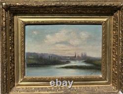 Tableau ancien signé Bord de Rivière Peinture huile sur panneau de bois