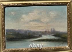 Tableau ancien signé Bord de Rivière Peinture huile sur panneau de bois Tableau ancien signé Bord de Rivière Peinture huile sur panneau de bois