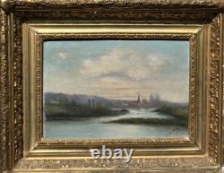 Tableau ancien signé Bord de Rivière Peinture huile sur panneau de bois