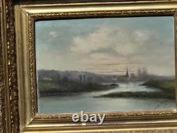 Tableau ancien signé Bord de Rivière Peinture huile sur panneau de bois