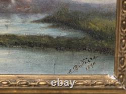 Tableau ancien signé Bord de Rivière Peinture huile sur panneau de bois
