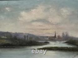 Tableau ancien signé Bord de Rivière Peinture huile sur panneau de bois