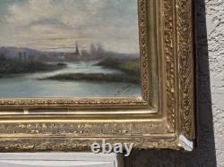 Tableau ancien signé Bord de Rivière Peinture huile sur panneau de bois