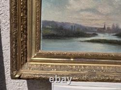 Tableau ancien signé Bord de Rivière Peinture huile sur panneau de bois