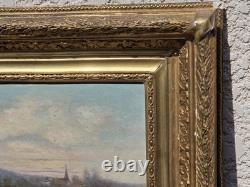 Tableau ancien signé Bord de Rivière Peinture huile sur panneau de bois