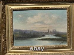 Tableau ancien signé Bord de Rivière Peinture huile sur panneau de bois