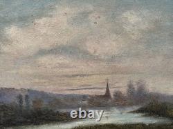 Tableau ancien signé Bord de Rivière Peinture huile sur panneau de bois