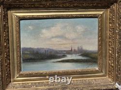 Tableau ancien signé Bord de Rivière Peinture huile sur panneau de bois