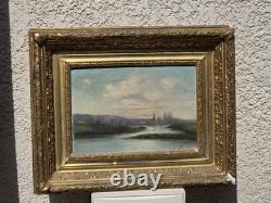 Tableau ancien signé Bord de Rivière Peinture huile sur panneau de bois