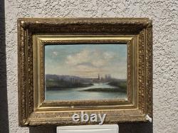 Tableau ancien signé Bord de Rivière Peinture huile sur panneau de bois