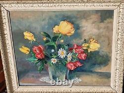 Tableau ancien signé. Bouquet de Fleurs. Peinture huile sur panneau D'isorel