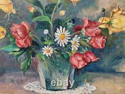 Tableau ancien signé. Bouquet de Fleurs. Peinture huile sur panneau D'isorel