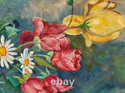Tableau ancien signé. Bouquet de Fleurs. Peinture huile sur panneau D'isorel