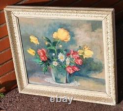 Tableau ancien signé. Bouquet de Fleurs. Peinture huile sur panneau D'isorel