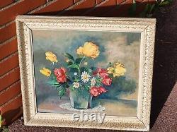 Tableau ancien signé. Bouquet de Fleurs. Peinture huile sur panneau D'isorel
