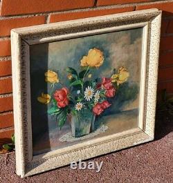 Tableau ancien signé. Bouquet de Fleurs. Peinture huile sur panneau D'isorel