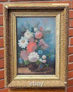 Tableau ancien signé. Bouquet de Fleurs. Peinture huile sur panneau de bois
