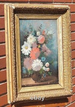 Tableau ancien signé. Bouquet de Fleurs. Peinture huile sur panneau de bois