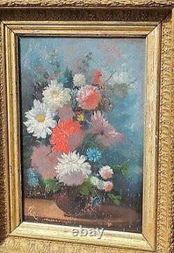 Tableau ancien signé. Bouquet de Fleurs. Peinture huile sur panneau de bois