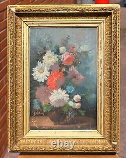 Tableau ancien signé. Bouquet de Fleurs. Peinture huile sur panneau de bois