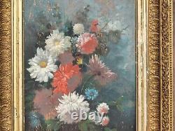 Tableau ancien signé. Bouquet de Fleurs. Peinture huile sur panneau de bois