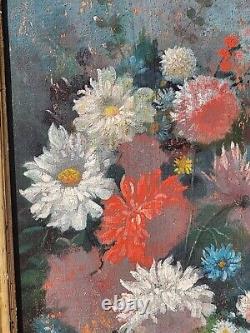 Tableau ancien signé. Bouquet de Fleurs. Peinture huile sur panneau de bois