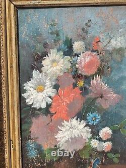 Tableau ancien signé. Bouquet de Fleurs. Peinture huile sur panneau de bois