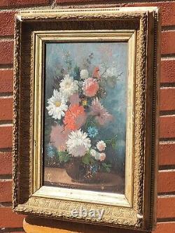Tableau ancien signé. Bouquet de Fleurs. Peinture huile sur panneau de bois