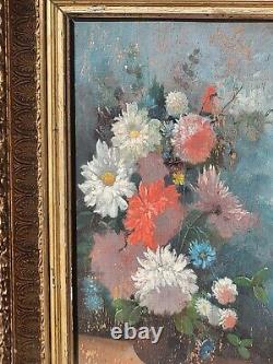 Tableau ancien signé. Bouquet de Fleurs. Peinture huile sur panneau de bois