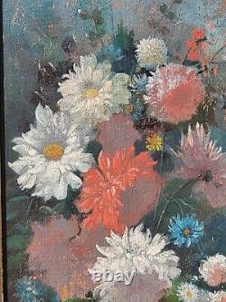 Tableau ancien signé. Bouquet de Fleurs. Peinture huile sur panneau de bois