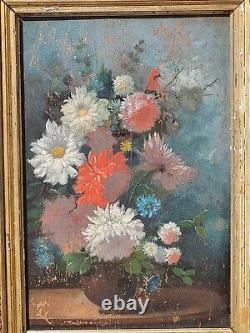 Tableau ancien signé. Bouquet de Fleurs. Peinture huile sur panneau de bois