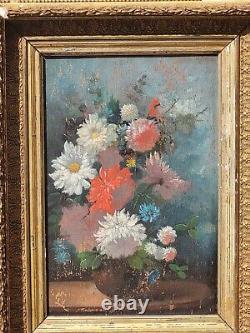 Tableau ancien signé. Bouquet de Fleurs. Peinture huile sur panneau de bois