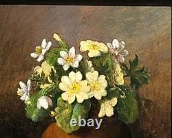 Tableau ancien signé. Bouquet de Fleurs. Peinture huile sur panneau de bois