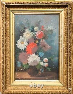 Tableau ancien signé. Bouquet de Fleurs. Peinture huile sur panneau de bois