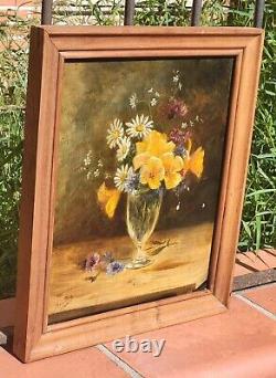 Tableau ancien signé. Bouquet de Fleurs. Peinture huile sur toile