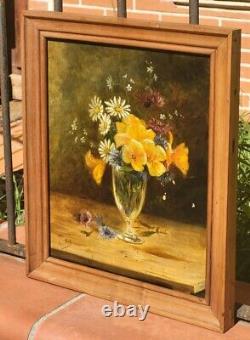 Tableau ancien signé. Bouquet de Fleurs. Peinture huile sur toile